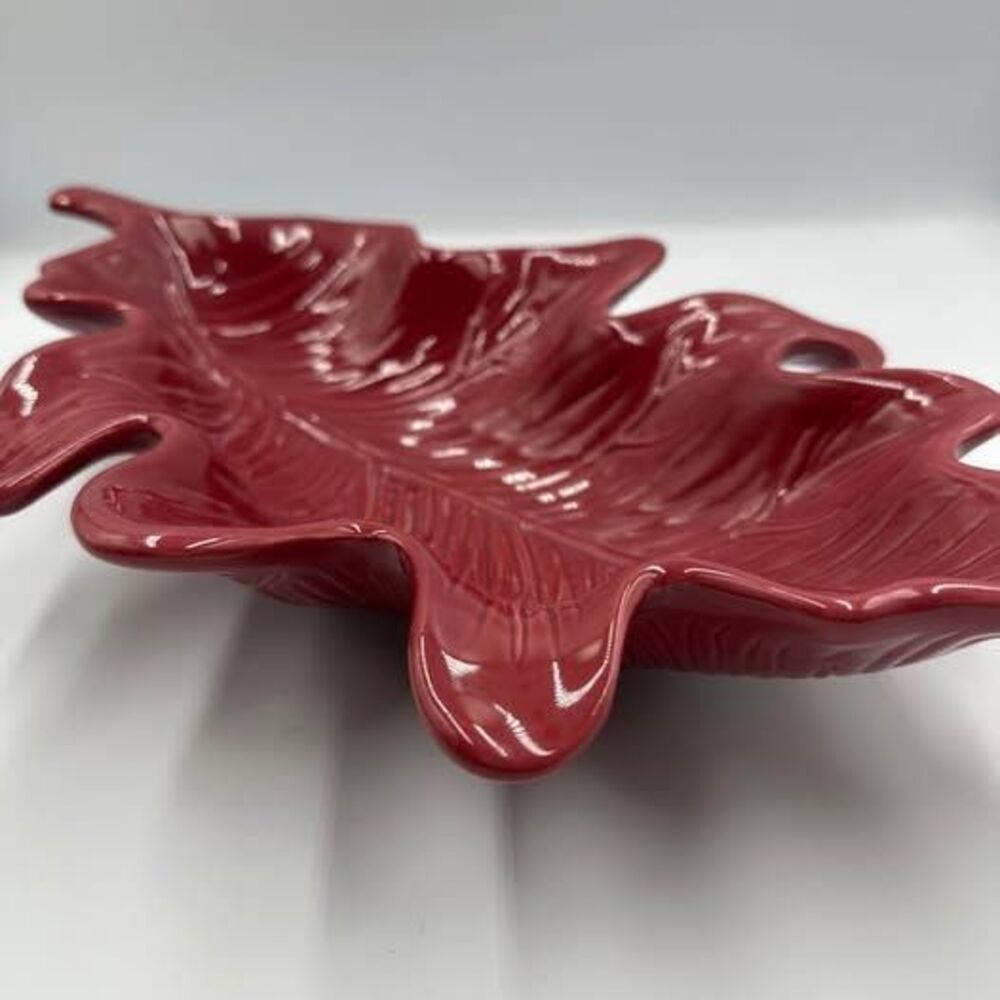 Harvest Dark Red Leaf Ceramic Serving Dish Bowl Rustic Farmhouse Table Decor - Picture 2 of 7